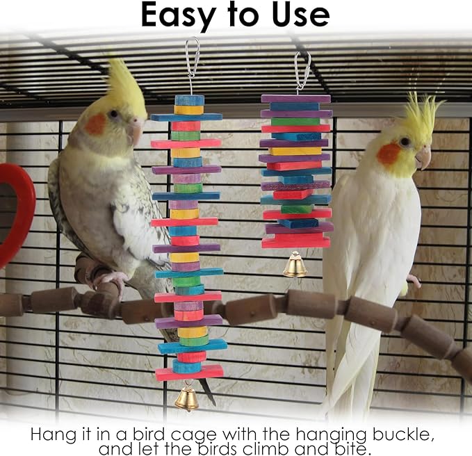 4 Pcs Parrot Toys, Birds Toys with Multicolored Natural Wood Blocks, Bird Chew Toys with Hook and Bell, Bird Cage Toys for Conures, Parakeets, Cockatiels, Lovebirds, African Grey Macaws, 2 Designs