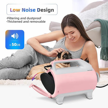 Entosun Dog Dryer, Pet Hair Dryer, 4.3hp/2800W Adjustable Speed and Temperature, High Velocity Dryer, Dog Blower Grooming Dryer with 4 Nozzles and Grooming Gloves (Pink)