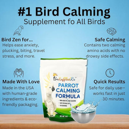 UnRuffledRx™ Calming Formula for Parrots – Helps Birds Stay Chill During Fireworks, Visitors & Travel – Soothes Screaming, Biting, Plucking – 224 Servings