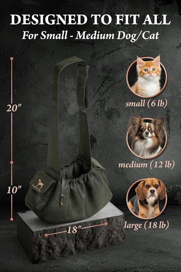 Noah & Paw Dog Sling Carrier for Small Dogs 5-18lb, Dog Sling for Small Dogs and Cats, Dog Carrier with Adjustable Padded Strap, Vegan Leather Lined with Fur, Double Safety Feature, Machine Washable