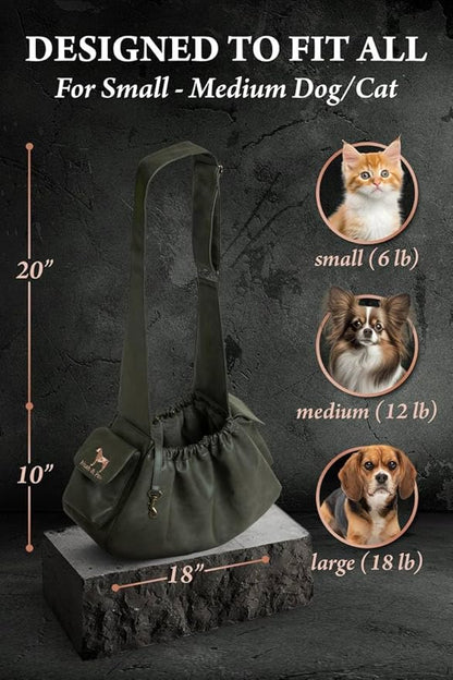 Noah & Paw Dog Sling Carrier for Small Dogs 5-18lb, Dog Sling for Small Dogs and Cats, Dog Carrier with Adjustable Padded Strap, Vegan Leather Lined with Fur, Double Safety Feature, Machine Washable