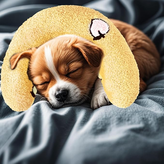 Lystaii Cat Pillow for Indoor Pet Cat Dog Calming Pillow Soft Fluffy Cat Bed Pillow Dog Neck Pillow Pet Toy Half Donut Anxiety Relief Pet Pillow with Cute Embroidery Pattern (Yellow, Peaches)