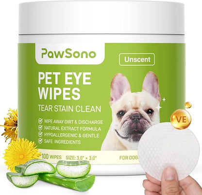 Eye Wipes for Dogs & Cats, Hypoallergenic Dog Eye Wipes Cleaner, Natural Cleaning Grooming Pet Wipes Gently Remove Tear Stain, Eye Debris, Discharge, Mucus, Non-Irritating, Unscent, 100 PCS