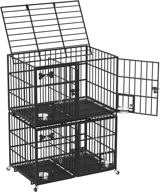 Dosker 48/42 inch Stackable Heavy Duty Metal Dog Crate for 4 Dogs/Large Dog,All Metal Open Top Access,Escape Proof Cage,Dog Kennel Indoor with Wheels,Floor Grid, Tray, Divider and Feeding Bowl