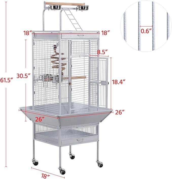 Yaheetech Wrought Iron Bird Cages, Play Top Large Aviary with Stand for Cockatiel Parrot Sun Parakeet Conures Lovebird Budgie Finch African Grey White, 61-inch