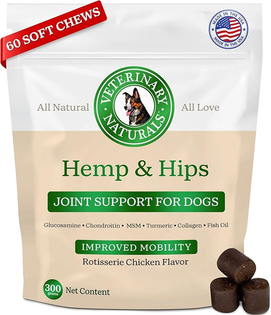 Veterinary Naturals Hemp & HIPS Joint Supplement for Dogs/Supports Relief from Hip and Joint Pain in Large, Aging Dogs (Regular, Rotisserie Chicken)