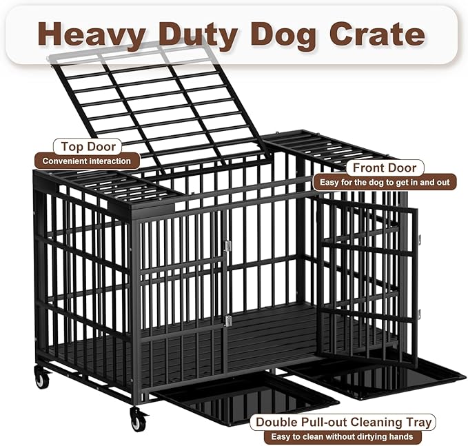 54 Inch Heavy Duty Dog Crate with Wheelsï¼_ndestructible Escape-Proof Dog Cage for Large Dogs, Extra Large XL XXL Indestructible Dog Crate with Removable Tray.