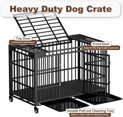 54 Inch Heavy Duty Dog Crate with Wheelsï¼_ndestructible Escape-Proof Dog Cage for Large Dogs, Extra Large XL XXL Indestructible Dog Crate with Removable Tray.