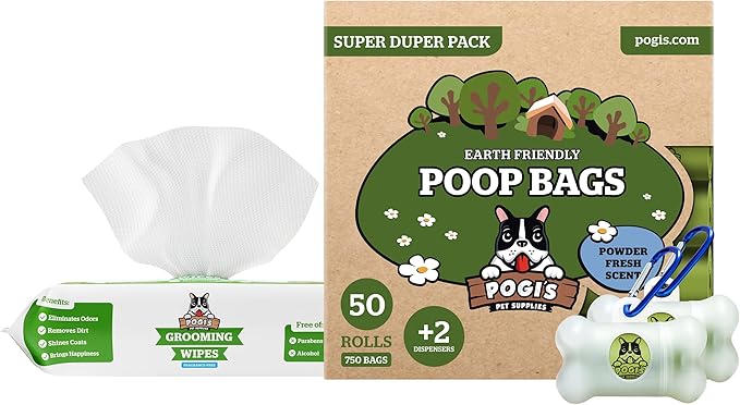 Pogi's Dog Walk n' Wipe Combo - Pogi's 750 Dog Poop Bags + 2 Poop Bag Holders and 100 Plant-based Grooming Wipes Bundle