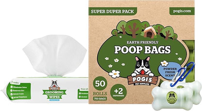 Pogi's Dog Walk n' Wipe Combo - Pogi's 750 Dog Poop Bags + 2 Poop Bag Holders and 100 Plant-based Grooming Wipes Bundle