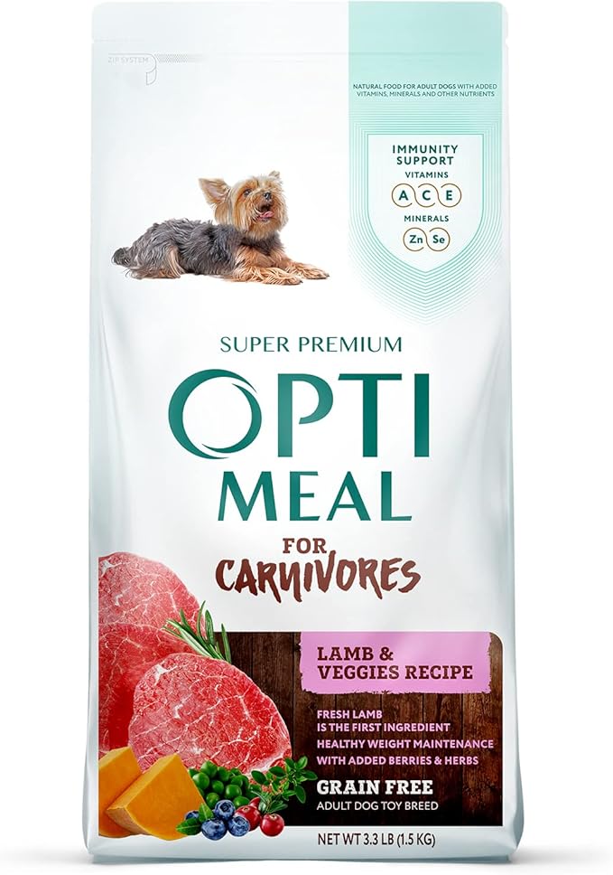 Optimeal Toy Breed Dry Dog Food  Grain Free Small Kibble for Small Dogs, High Protein, Natural Ingredients, Skin & Digestive Support, Premium Nutrition  Lamb & Veggies, 3.3 lbs