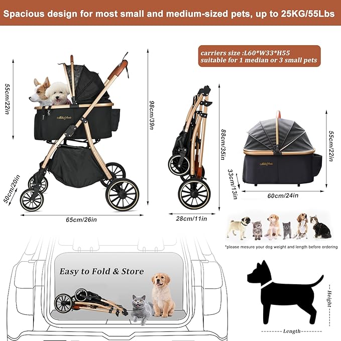 MILA&LOUIS Dog Stroller for Medium Dogs, Pet Stroller for Small Dogs with 4 Large Upgraded Wheel, Dog Strollers with Rain Cover, Cup Holder, Hook, Sturdy Puppy Stroller with Detachable Aluminum Cradle