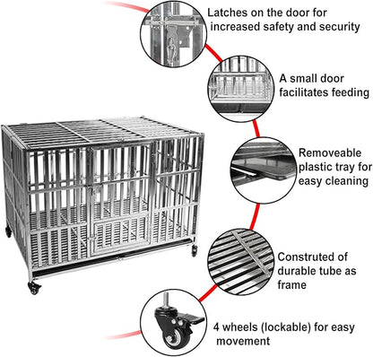 48 Inch Dog Crates for Large Dogs, Upgraded 4 Lockable Wheels, Removable Door, Dog Kennel Indoor, Max Load 300Lbs, Easy to Clean, Removable Tray, XL Dog Cage for Large and Medium Dogs