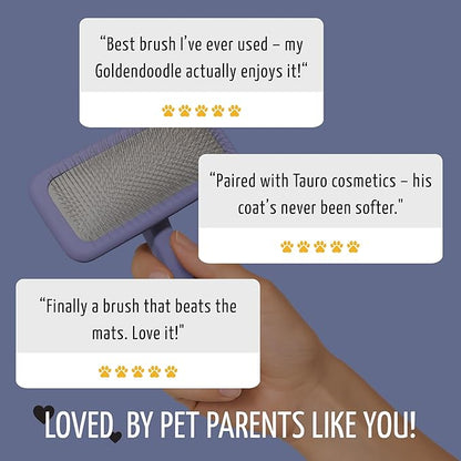 Tauro Pro Line Wooden Deshedding Dog Brush for Long Goldendoodle, Labradoodle & Poodle Hair - Purple Slicker Brush for Dog & Cat Grooming - Rectangular Flexible Cushion & Non-Slip Grip, L