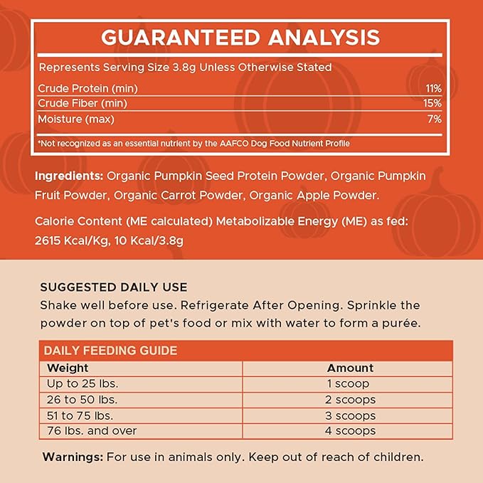 Organic Pumpkin Powder for Dogs - 4 oz w/ 5cc Scoop - Digestive Support & Fiber for Dogs - Natural Dog Food Additive for Dog Constipation Relief & Pumpkin Puree Substitute