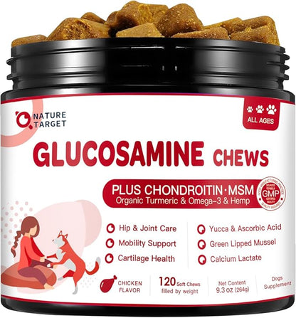 NATURE TARGET Glucosamine for Dogs, Joint Supplement with Chondroitin, MSM, Omega-3, Hemp for Pain Relief, Hip & Joint Chews for Dogs with Calcium for Bone Health, 120 Soft Chews