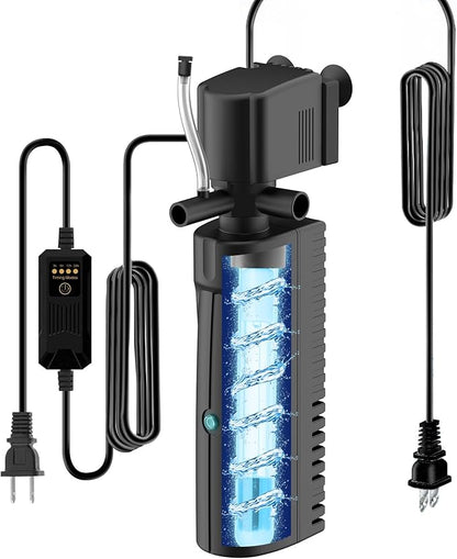 Aquarium U-V Filter for Green Water, Fish Tank Filter with Timer U-V Light, Turtle Tank Filter, Internal Filter with Dual Water Outlet & Aeration, for 70-100 Gallon Tank