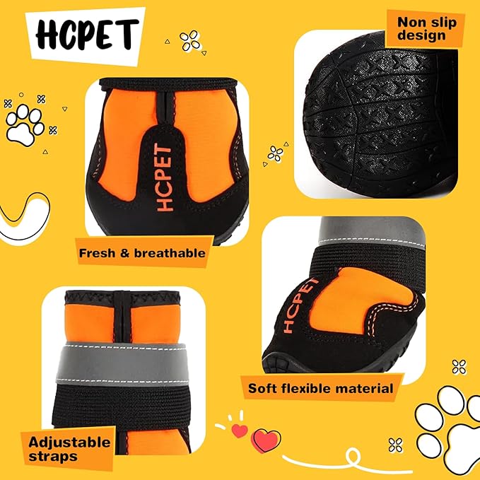 Hcpet Dog Shoes, Dog Boots for Small Dogs, Waterproof Medium Dog Booties Paw Protector for Summer Hot Pavement, Winter Snowy Day, Outdoor Walking, Indoor Hardfloors Anti Slip Sole Orange Size 3