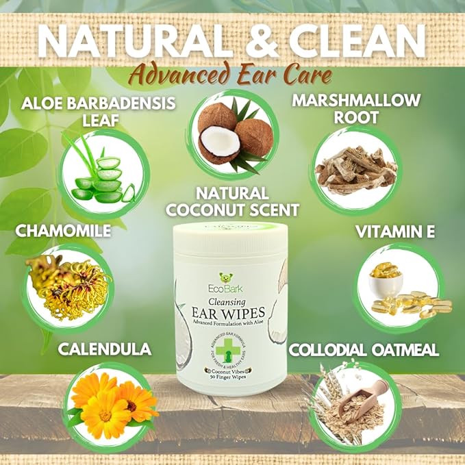 EcoBark Premium Dog Ear Cleaner Finger Wipes- Advanced Ear Finger Wipes for Dogs with Aloe Vera & Chamomile - Gentle Otic -Coconut Scent - Soothe Dog Ear Itching - Cleanse Away Dirt and Debris