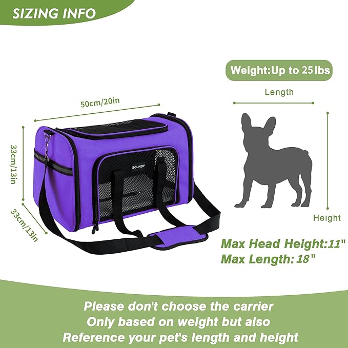Soundy Large Cat Carrier Dog Carrier Pet Carrier Under 25 Lbs, Large Cats Small to Medium Dogs Portable Soft Sided Folding Travel Pet Carrier, Cat Carrier for 2 Cats Car Travel Carrier(Large, Purple)