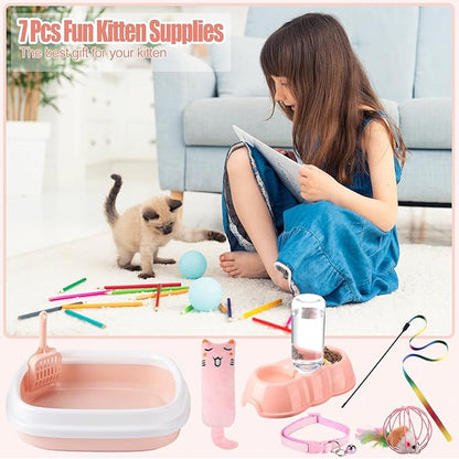 7 Pcs Small Cat Kitten Starter Kit Cat Litter Box with Shovel Paw Litter Mat Double Automatic Kitten Bowls Toy Teaser Stick Collar Essentials Kits for 1-3 Lbs Beginner(Stylish,Light Pink)