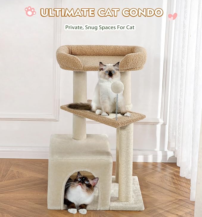 Made4Pets Cat Tree, Carpet Cat Tower Grey for Indoors Cats, Cute Wood Kitty Condo with Scratching Post and Pad, 29" Multi-Level Modern Activity Climbing Furniture for Small and Medium Cats