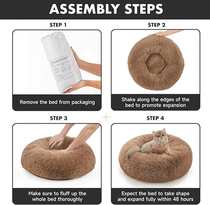 OhGeni Calming Donut Cat Bed For Indoor Cats, Machine Washable Plush Warming Bed For Kitten & Puppy, Anti-Slip Round Cuddle Comfort Pet Bed, Cozy Fluffy Fur Bed for Small Cats & Dogs, Ocher, 20 inches