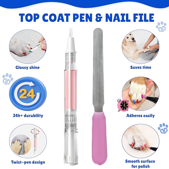 Dog Nail Polish Pens Quick-Dry Set  8 Metallic & Matte Colors Pawlish Pens, 1 Nail File with 1 Top Coat Pen  Non-Toxic, Easy to Apply, Pet-Safe Accessories for Small & Large Puppies & Cats