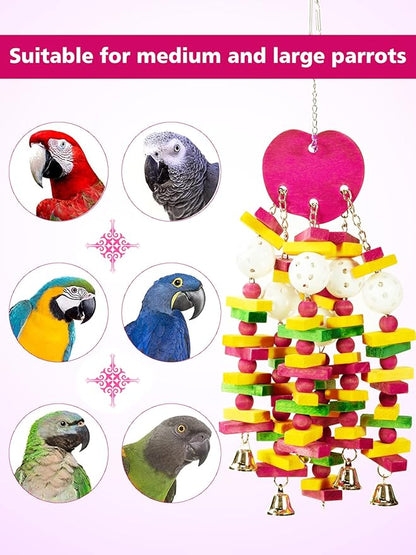 MEWTOGO Bird Toys - Edible Parrots Cage Chew Toy Gift with Bells and Safe Colorful Wood Blocks Beads for Macaws African Grey and Amazon Parrots (Peach Style)
