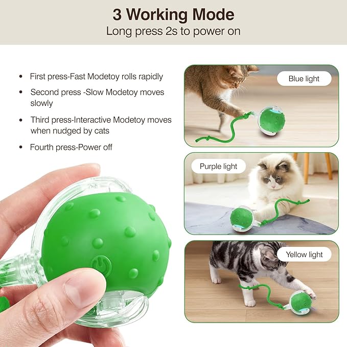 Electric Interactive Cat Toy Ball - Automatic Rolling Silicone Cat Toys for Indoor Cats, Durable Chew-Proof Motorized Kitty Ball with LED Light, Fun Exercise Toys for Bored Kittens（Green）