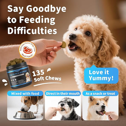 Dog Flea and Tick Support Chewable, Natural Dog Flea Comfort Supplement, Oral Chews with Neem, Oregano Oil, Pumpkin Seed Oil & Brewer's Yeast – 135 Soft Chews, Beef Flavor – for All Breeds & Sizes