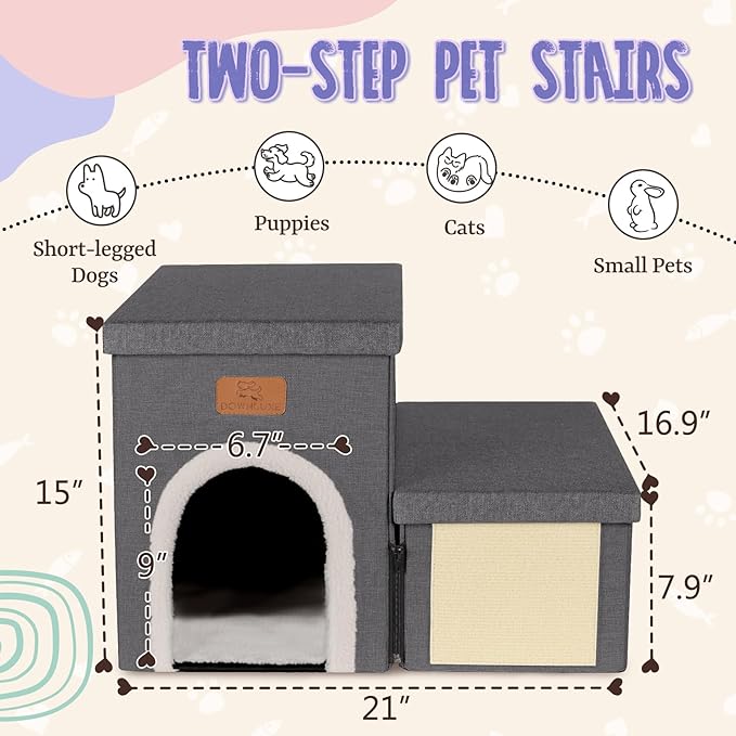 downluxe Dog Stairs for Small Dogs, Foldable Dog Steps for Bed, Sofa and Chair, Non-Slip Pet Steps with Cat Scratcher and Condo (2-Step Pet Stairs, Dark Grey)