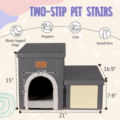 downluxe Dog Stairs for Small Dogs, Foldable Dog Steps for Bed, Sofa and Chair, Non-Slip Pet Steps with Cat Scratcher and Condo (2-Step Pet Stairs, Dark Grey)