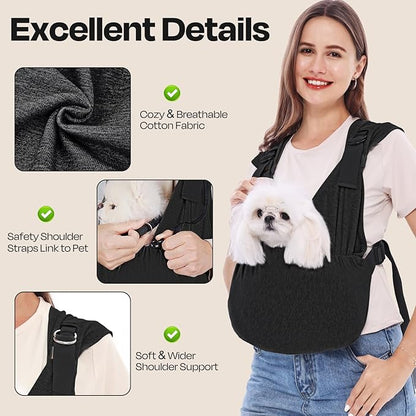 Supet Dog Sling Carrier for Small Dogs, Anti-Anxiety Hands Free Cat Sling Carrier, Soft Cotton Front Facing Dog Carrier, Adjustable Swaddle Wrap, Reducing Back Neck Neck Pain(Regular, Black)