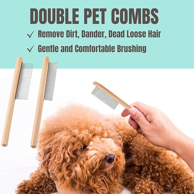 Dog Cat Brush for Shedding Dematting, 3 Pack Pet Grooming Kit of Double Sided Undercoat rake and Pet Combs, Deshedding Brush, Premium Wood Handle