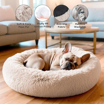 Small Donut Dog Bed, Calming Dog Bed Washable Ideal for Small to Large Dogs and Cats & Round Dog Bed,Anti-Anxiety Multiple Sizes (Beige, Combo Small (23" L x 23" W x 7" Th))