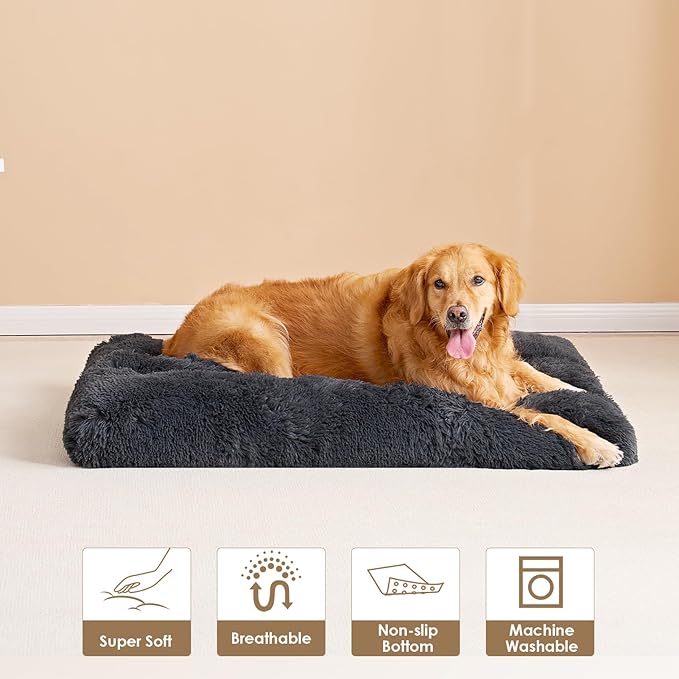 EHEYCIGA Fluffy XXL Dog Crate Pad, Plush Faux Fur Dog Bed for Extra Large Dogs, Calming Anti Anxiety XXL Dog Bed for Crate, Washable Soft Warm Dog Crate Mat with Non-Slip Bottom, Dark Grey