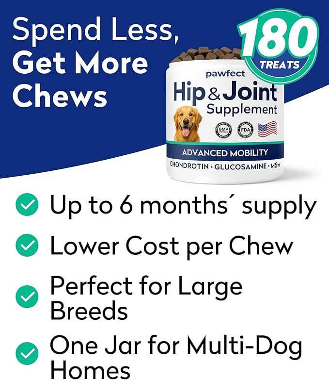 PAWFECTCHEW Advanced Hip & Joint Glucosamine Supplement for Dogs - Treats for Picky Eaters w/Chondroitin, MSM, Omega-3 - Joint Pain Relief - Chicken Liver - 180 Ct - Made in USA