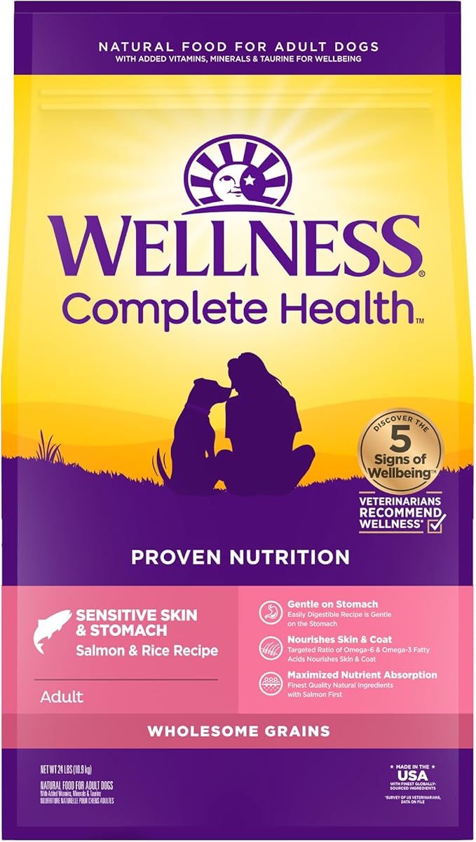 Wellness Complete Health Senstive Skin & Stomach Natural Adult Dry Dog Food, Salmon and Rice Recipe, 24 Pound Bag