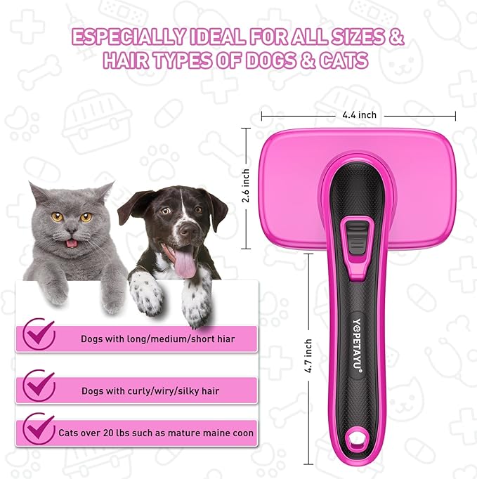Dog Brush for Shedding, Self-Cleaning Slicker Brush, Perfect for Short & Long Haired Pets, Removes Mats, Tangles, Loose Fur, Gentle on Skin, Ideal for Small, Medium, Large Dogs. Pink