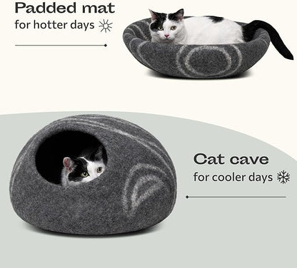 MEOWFIA Cat Cave  Premium Felt Cat Bed for Indoor Cats, Handmade 100% Merino Wool (Large, Dark Grey)