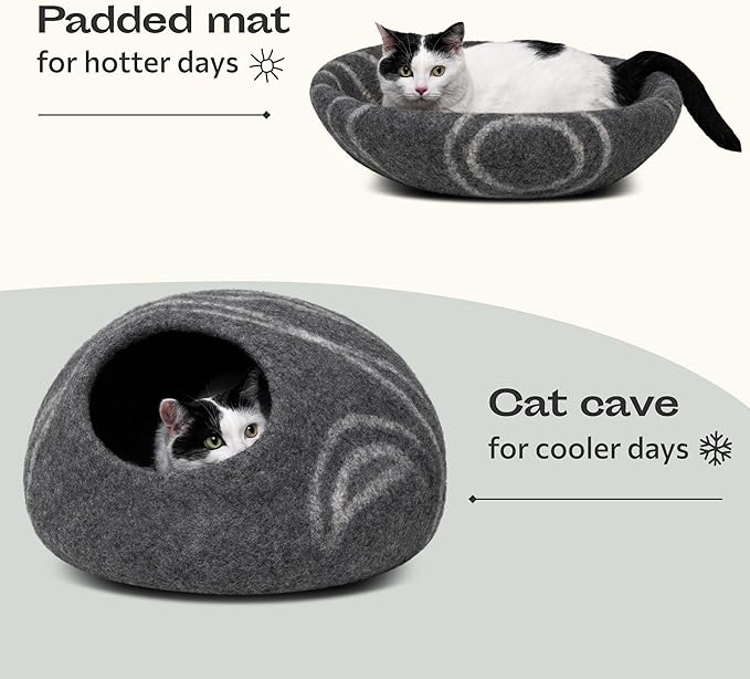 MEOWFIA Cat Cave  Premium Felt Cat Bed for Indoor Cats, Handmade 100% Merino Wool (Medium, Dark Grey)
