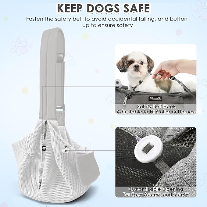 SlowTon Dog Carrier Sling - Puppy Carrier with Window and Storage Pocket Fits up to 12lbs, Dog Sling with Thick Adjustable Shoulder Strap and Safety Leash, Pet Carrier Bag for Small Dogs Cats(Grey S)