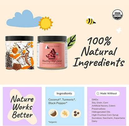 kin+kind Hip+Joint Supplement Dogs & Cats - Vet Formulated Natural Formula with Organic Turmeric, Black Pepper and Coconut- Made in USA - Bundle (3 x 8 oz)