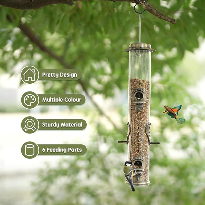 MIXXIDEA Metal Wild Bird Feeder, Squirrel Proof for Outside, Hanging 6 Port Tube Transparent Finch Feeder for Attracting Birds in Lawn, Garden, Balcony - Bronze