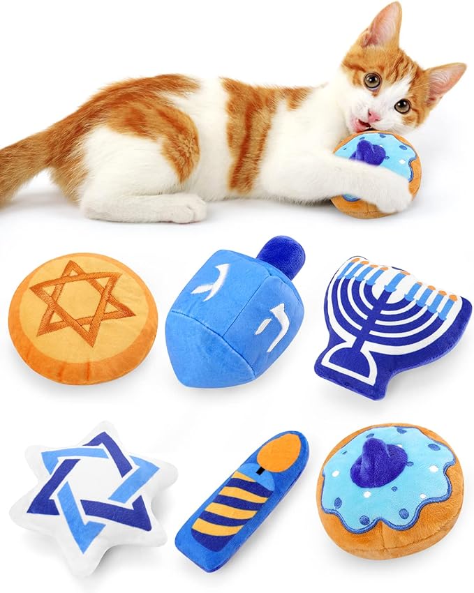 CiyvoLyeen Hanukkah Catnip Toys Set of 6 Soft Holiday Plush Cat Toys Interactive Catnip Filled Kitty Supplies for Cats Lovers Chanukah Gift Dreidel Cat Teething Chew Toy