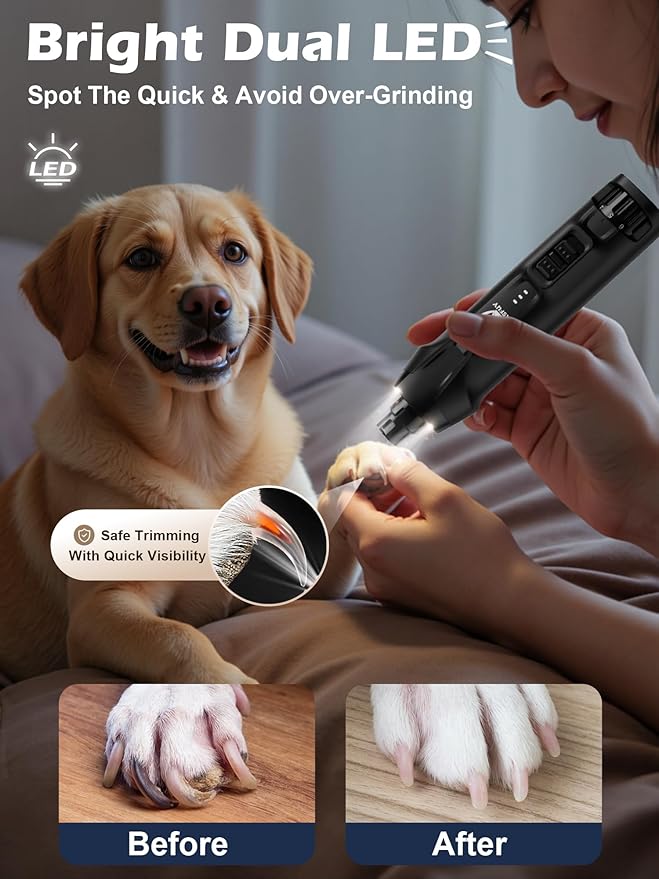Casfuy 6-Speed Dog Nail Grinder  50%+ Boost Power Dog Nail Trimmers Quiet with Dust Cap & 2 LED Lights & 2000mAh Battery & 4.8V Motor Electric Pet Toenail File Tool for Large Medium Small Dogs Cats