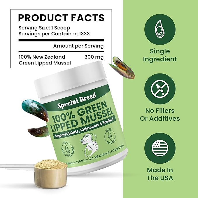 Special Breed Green Lipped Mussel Powder for Dogs & Cats - 100% New Zealand Green Lipped Mussels - Natural Hip & Joint Supplement for Joints, Tendons, Ligaments, Muscles - 400 Grams - 1,333 Servings