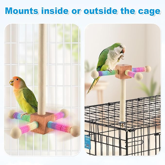 Bird Perch Toy, Interactive Spinning Parakeet Parrot Toys with Chew Toy, Parakeet Cage Accessories for Small and Medium Parrots, Enrichment Cockatiel Toys for Birds Cage