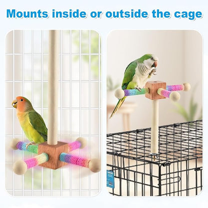 Bird Perch Toy, Interactive Spinning Parakeet Parrot Toys with Chew Toy, Parakeet Cage Accessories for Small and Medium Parrots, Enrichment Cockatiel Toys for Birds Cage